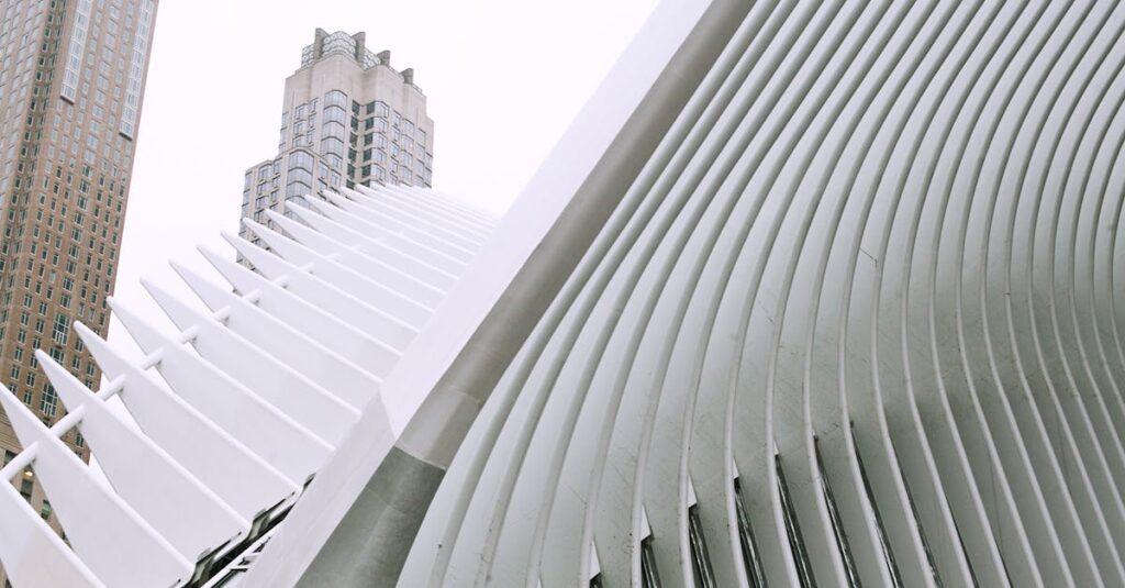 From below of contemporary construction of Oculus transportation hub located in downtown of NYC